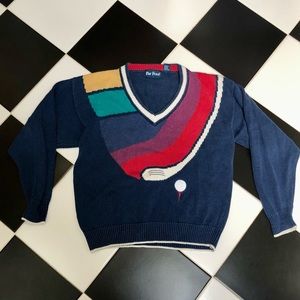 Vintage 80s Par Four Grandpacore Golf Theme V-Neck Chunky Knit Sweater Multi szM